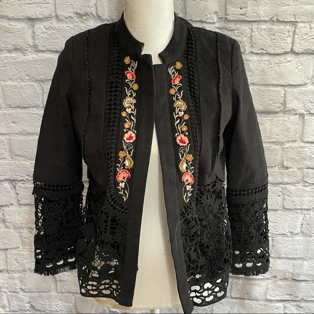 Chico’s Floral Embroidered and Lace Open Front Jacket Size 0P (Petite) Boho - Picture 2 of 10